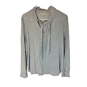 ANN TAYLOR LOFT Bow Tie  Gray White blouse Women’s Size Large Business Casual